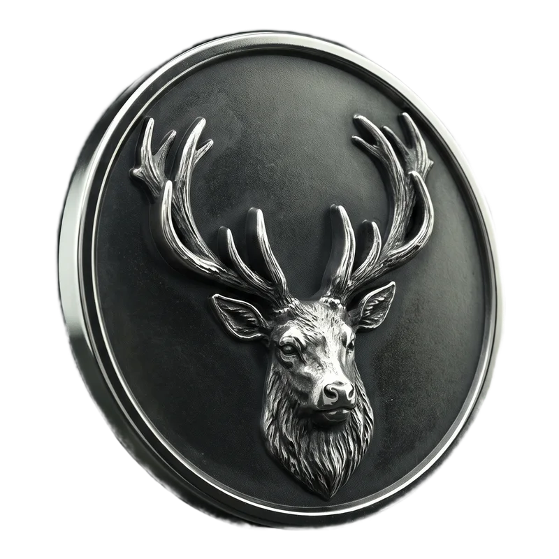 Coin mit plastischer 3D-Prägung eines Hirschkopfs in Antik-Silber